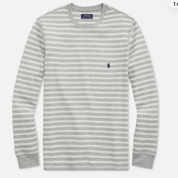 Mens Polo Ralph Lauren Waffle Knit Gray White Stripe Thermal Long Sleeve Shirt - Picture 1 of 7